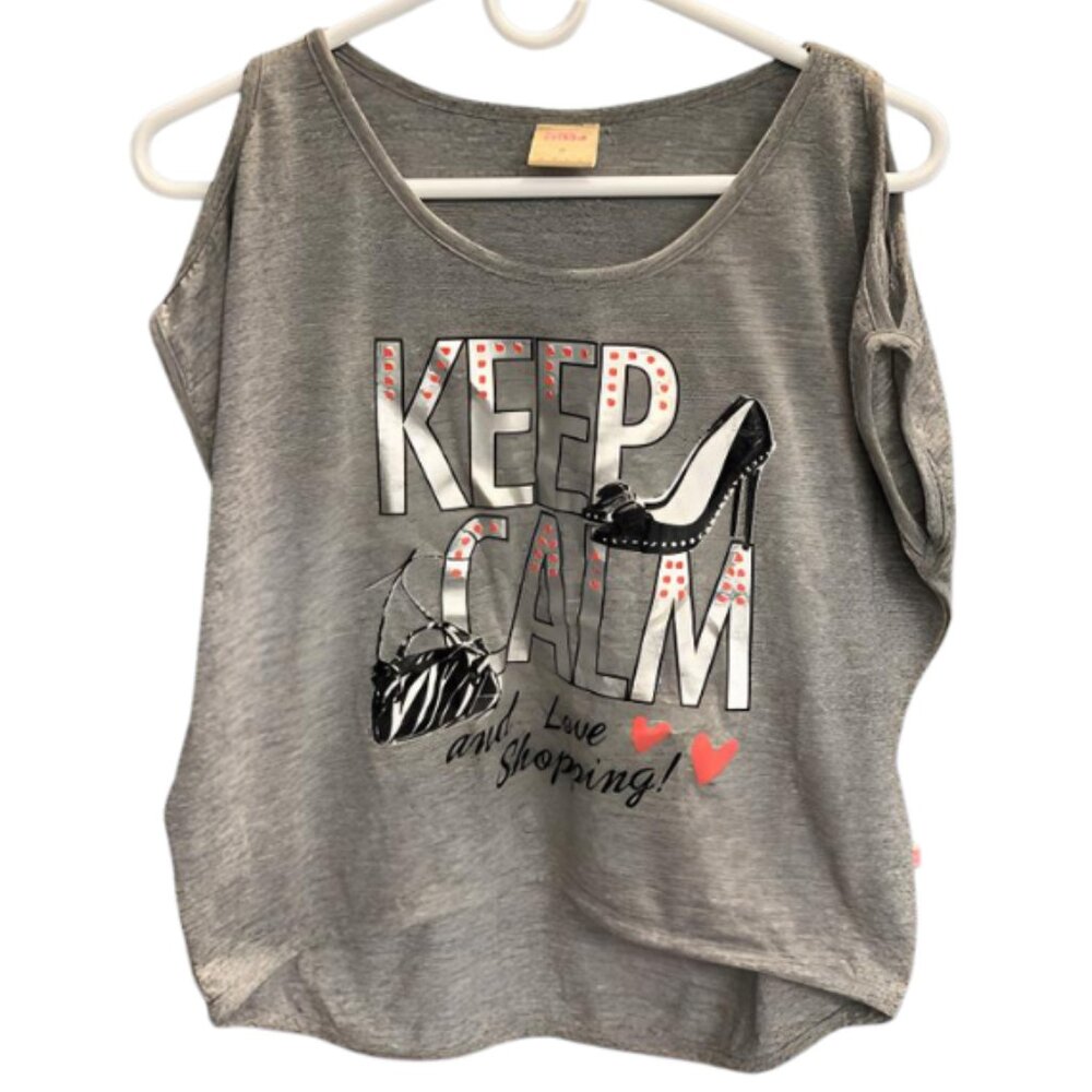 💖 Keep Calm And Love Shopping Gray Graphic Cutout Shoulder Top – Size M